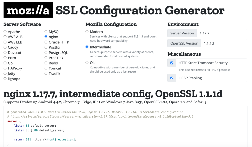 Mozilla SSL Configuration Generator